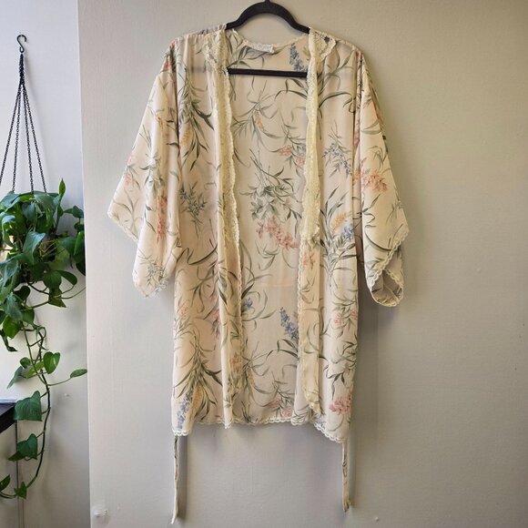 Vintage Val Mode Floral Sheer Kimono Robe Medium Cream Tie Belt Lace Trim - Picture 2 of 9